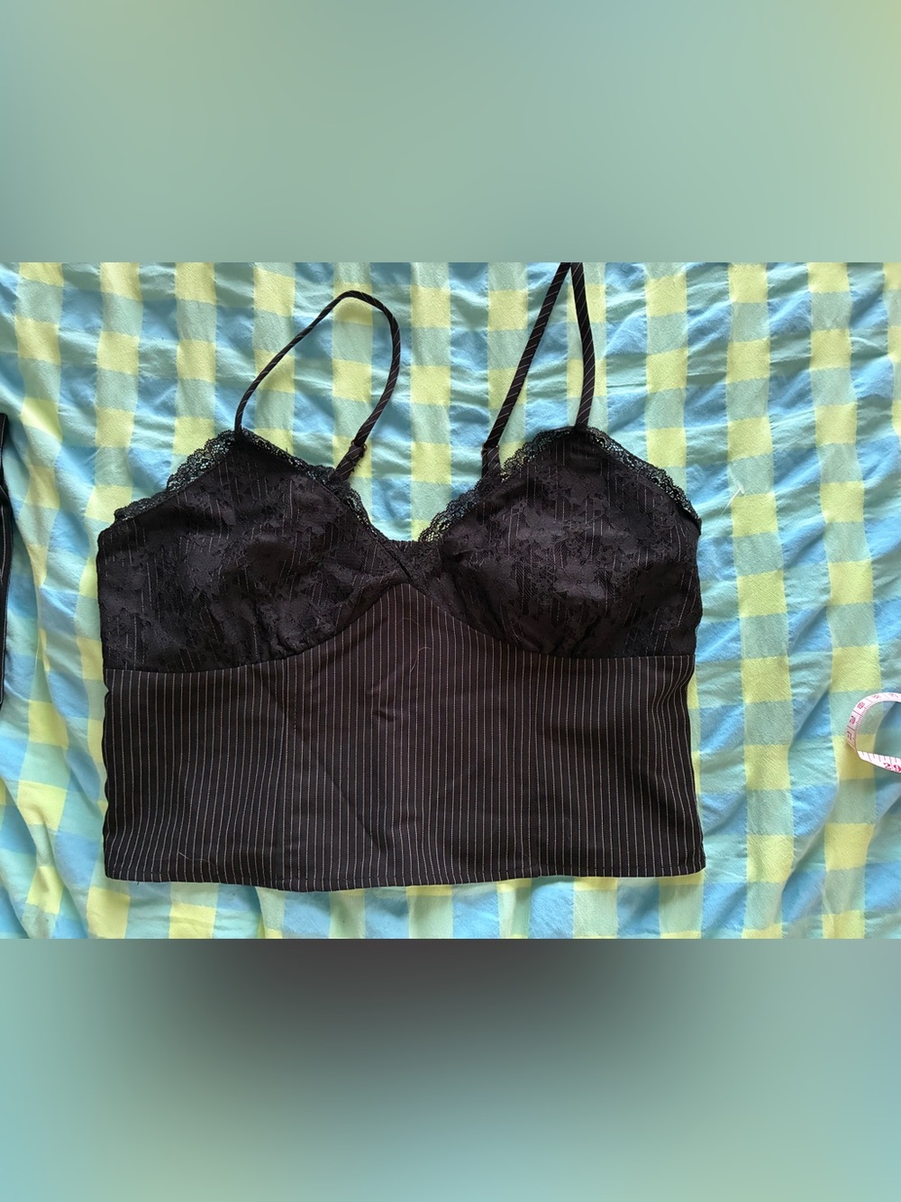 No Boundaries Black Lace-Trim Pinstripe cropped tank top